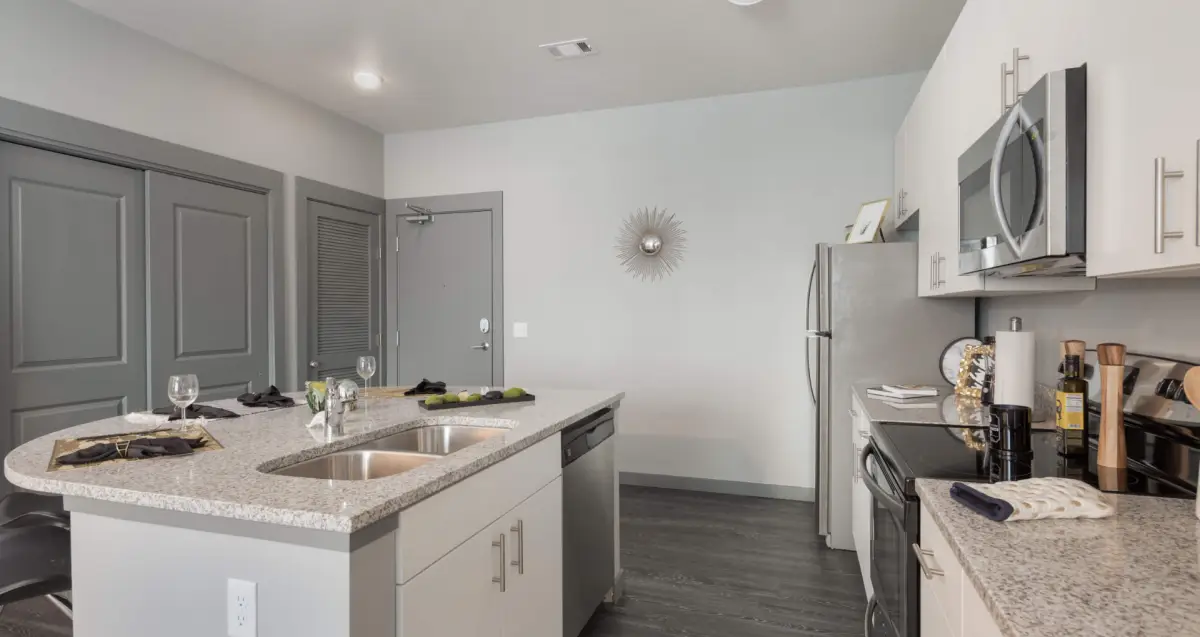 kitchen island at The Nine at Memphis, University of Memphis apartments